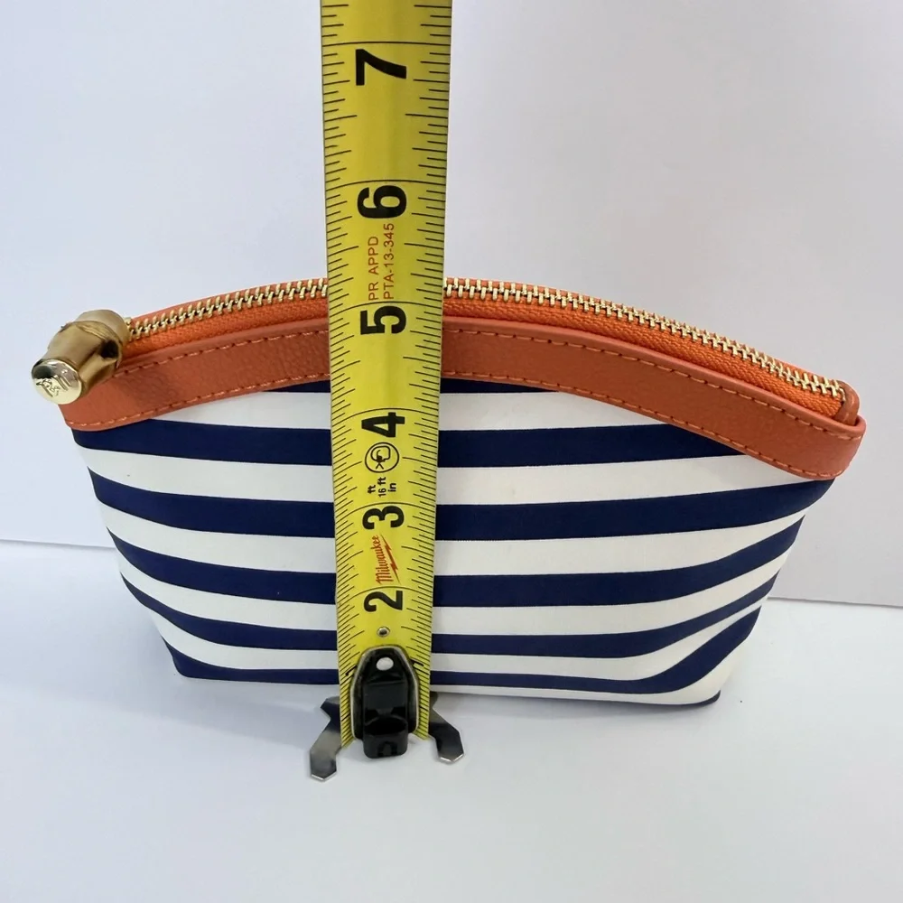 J. McLaughlin Navy and White Striped Cosmetic Bag with Tan Trim - Picture 3 of 10